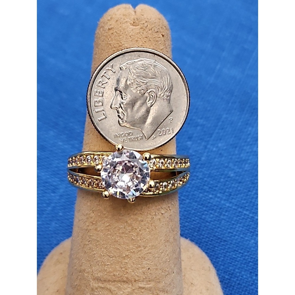 Gold Over Sterling Silver CZ Engagement Ring 8mm Split Shank Vermeil Size 7 - Picture 5 of 7